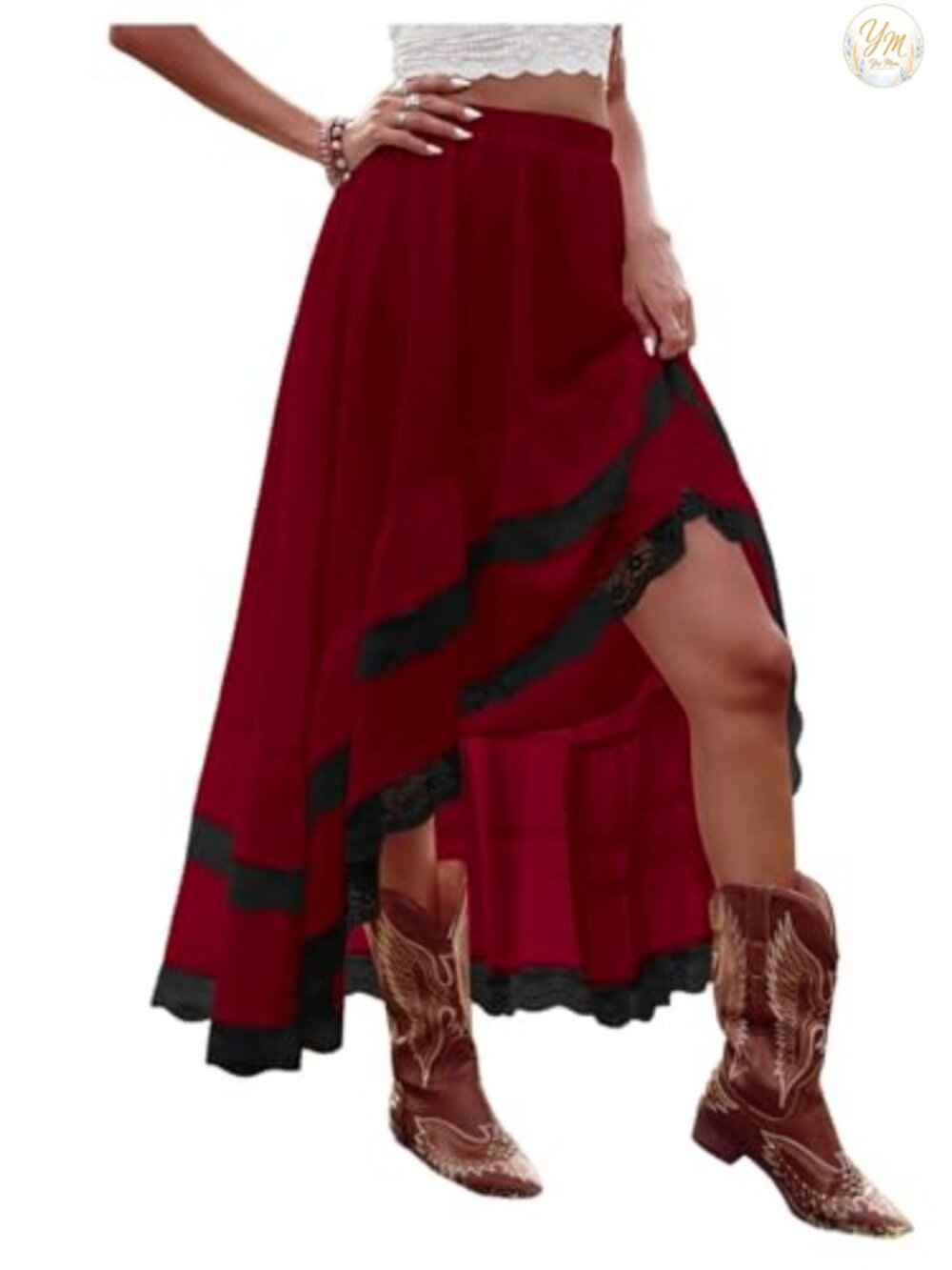 Boho High Low Asymmetrical Lace Ruffle Hem Maxi Skirt